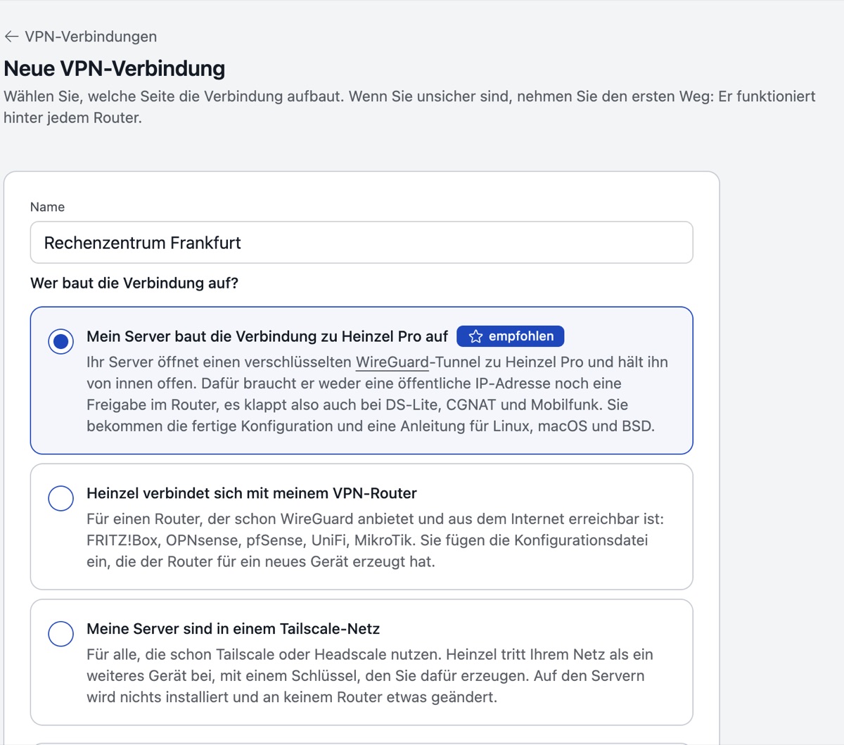 Die Seite einer VPN-Verbindung in Heinzel Pro mit dem Status verbunden und dem Block zum Einfügen auf dem Server