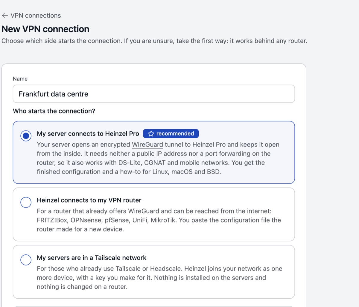 The page of a VPN connection in Heinzel Pro with the status connected and the block to paste on the server