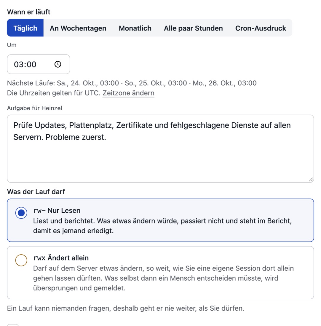 Das Formular für einen neuen Zeitplan: Name, Servergruppe, wann, die Aufgabe, die Stufe und die Empfänger des Berichts