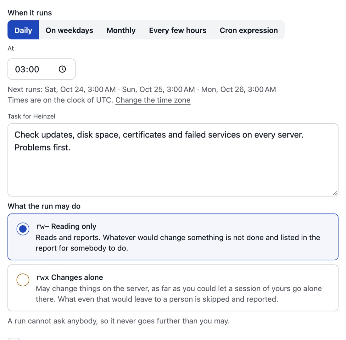 The form for a new schedule: name, server group, when, the task, the level and the recipients of the report