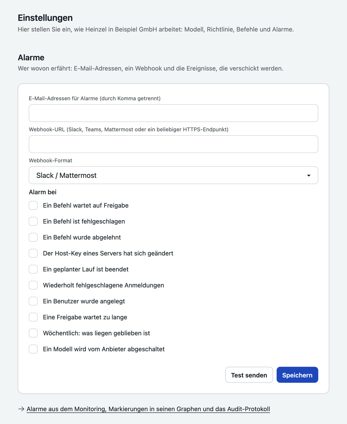 Einstellungen, Alarme: Mailadressen, ein Webhook für Slack, Teams oder Mattermost, und die Liste der Ereignisse mit je einem Haken