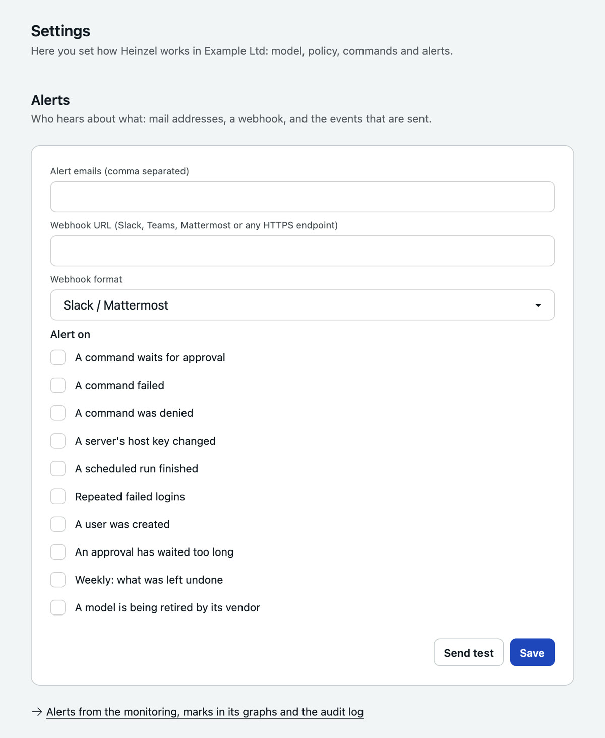 Settings, Alerts: mail addresses, a webhook for Slack, Teams or Mattermost, and the list of events with a box each