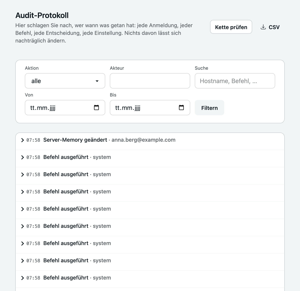 Das Audit-Protokoll: Filter nach Aktion, Akteur, Suche und Zeitraum, darunter die Einträge mit Uhrzeit, Aktion und Akteur, die Knöpfe Kette prüfen und CSV