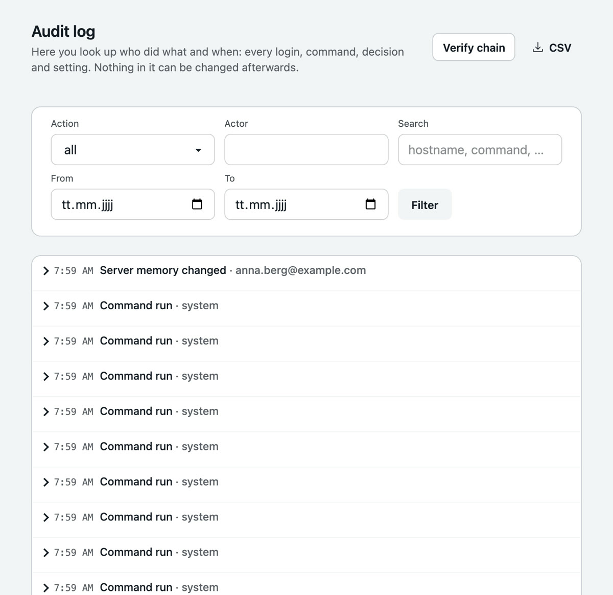 The audit log: filters by action, actor, search and period, below them the entries with time, action and actor, the buttons Verify chain and CSV