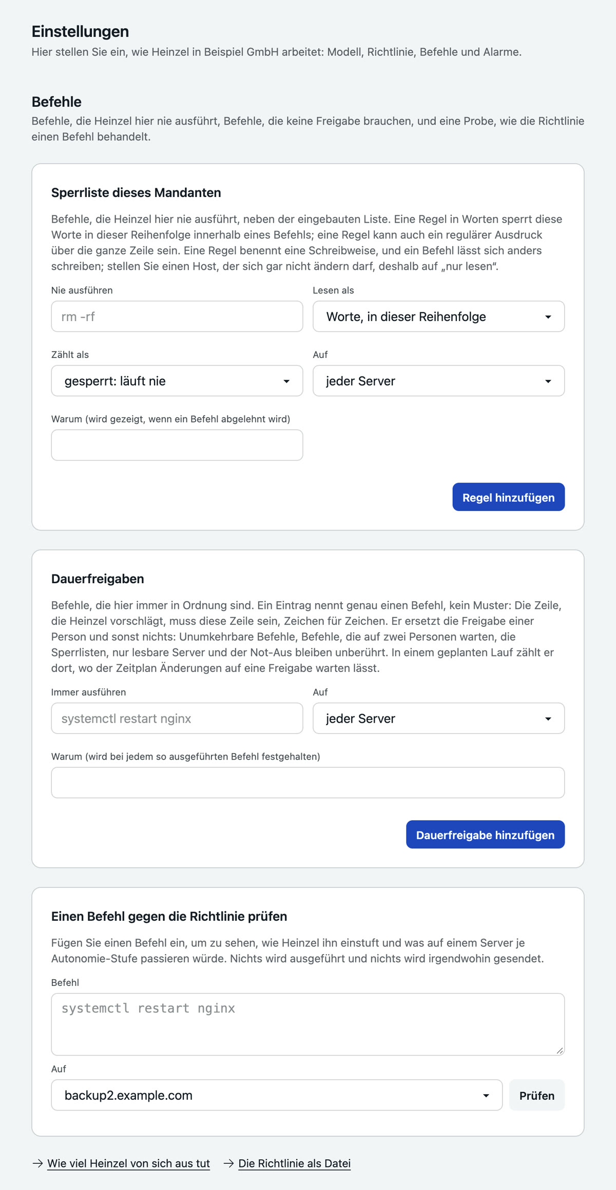 Einstellungen, Befehle: die Sperrliste des Mandanten mit Feldern für Befehl, Lesart, Zählt als, Server und Grund, die Dauerfreigaben, und das Formular Einen Befehl gegen die Richtlinie prüfen