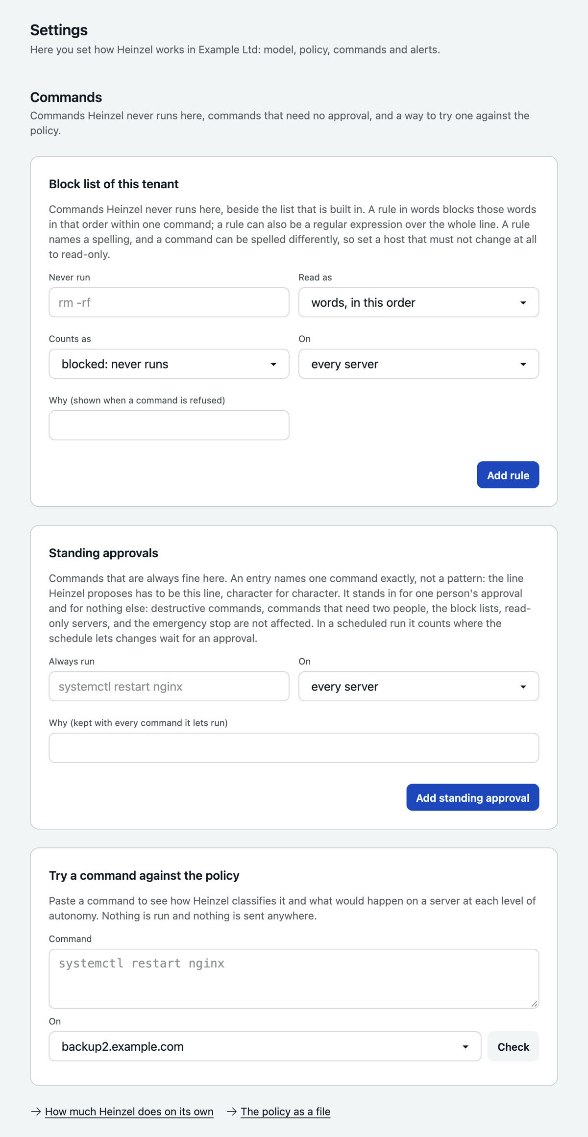 Settings, Commands: the tenant's block list with fields for command, reading, counts as, server and reason, the standing approvals, and the form Check a command against the policy