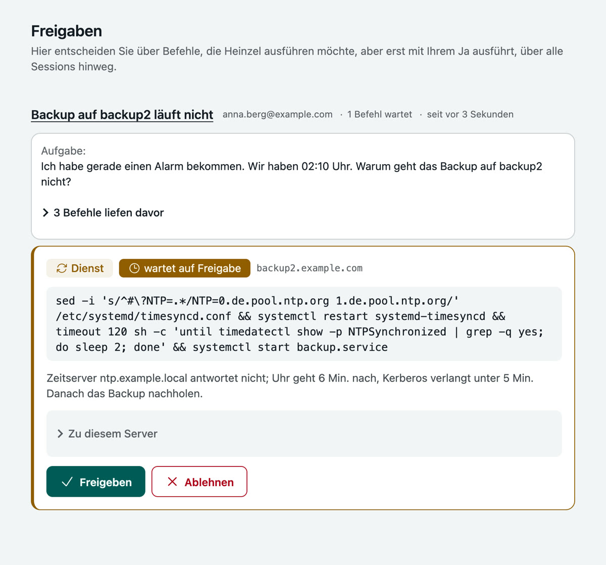 Die Seite Freigaben: eine Session mit ihrer Aufgabe, der Hinweis, dass drei Befehle davor liefen, und die wartende Befehlskarte mit Freigeben und Ablehnen