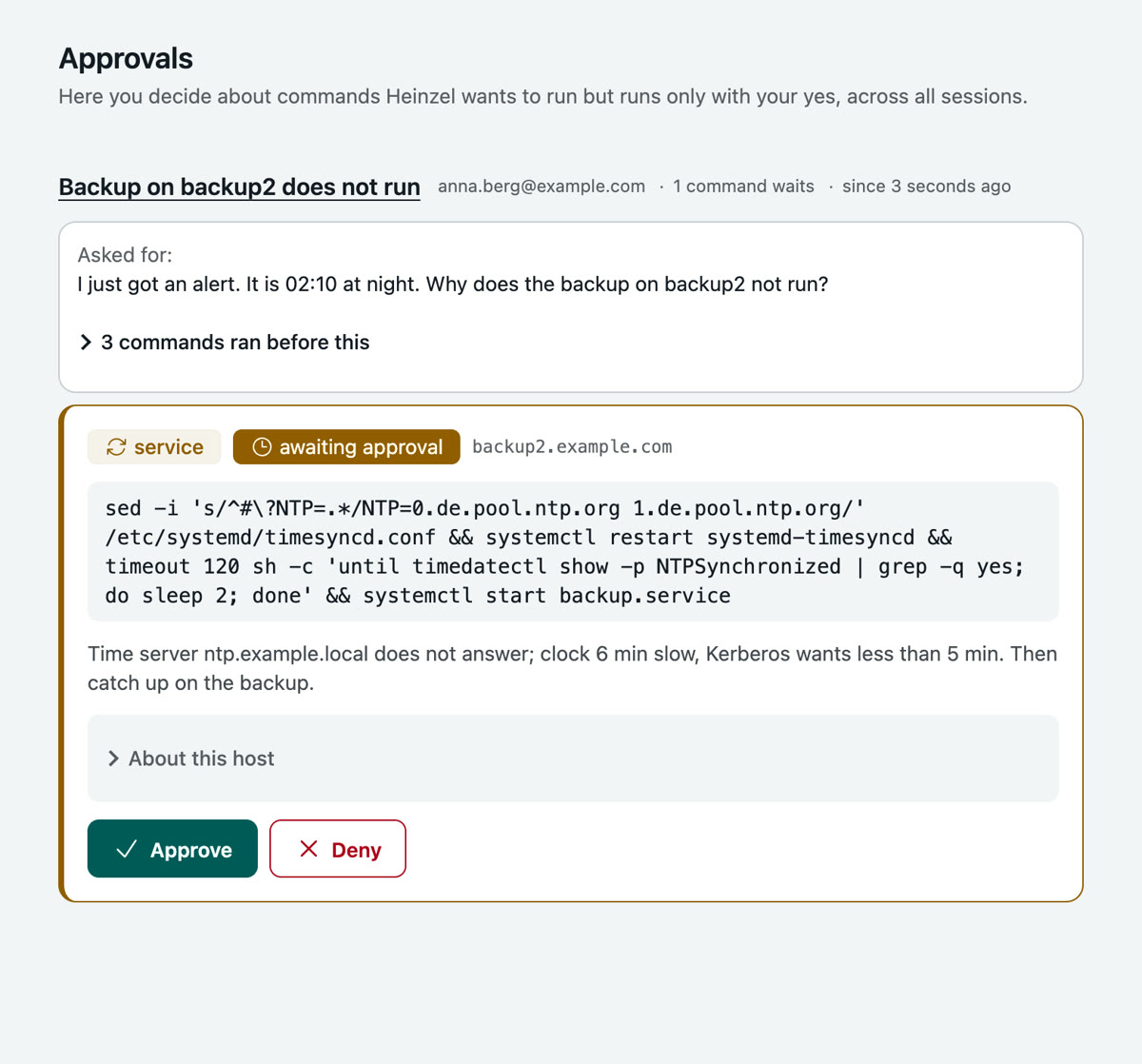 The Approvals page: a session with its task, the note that three commands ran before, and the waiting command card with Approve and Deny