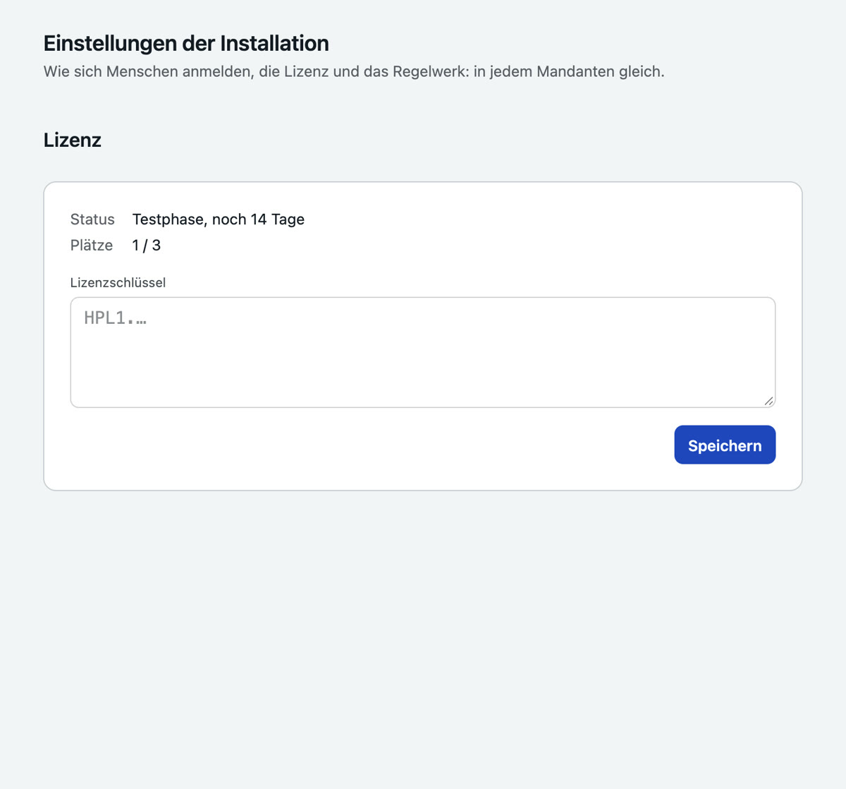 Installation, Einstellungen, Lizenz: die Testphase mit verbleibenden Tagen und Plätzen und ein Feld, in das der Lizenzschlüssel eingefügt wird
