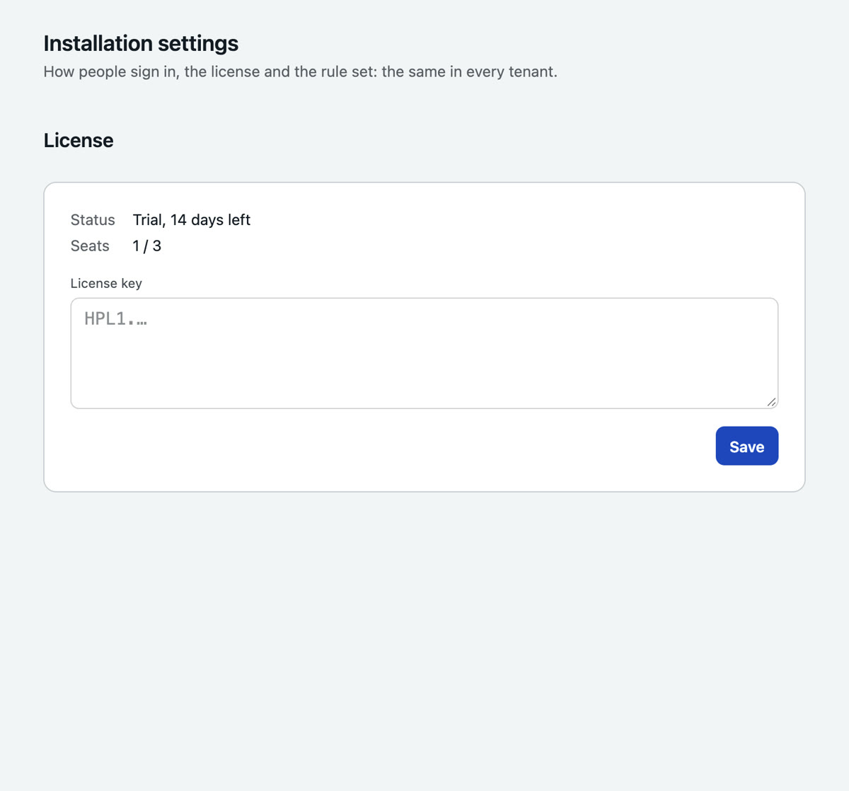 Installation, Settings, License: the trial with remaining days and seats and a field the license key is pasted into