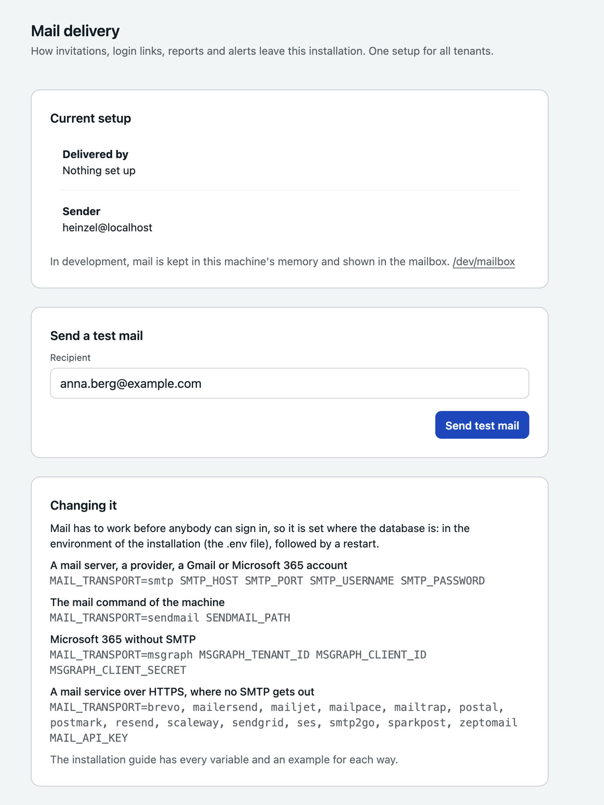 Installation, Mail delivery: the current setup with transport and sender, a field for a test mail, and the four ways with their variables