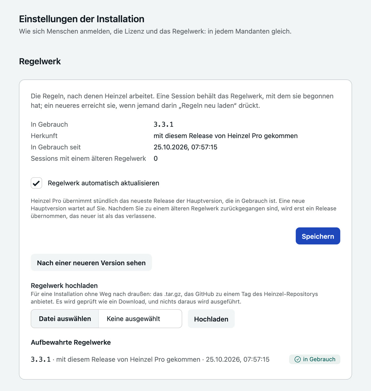 Installation, Einstellungen, Regelwerk: die Version in Gebrauch, ihre Herkunft, seit wann, wie viele Sessions ein älteres Regelwerk lesen, der Haken für das automatische Update, ein Knopf, nach einer neueren Version zu sehen, der Upload eines Archivs und die Liste der aufbewahrten Regelwerke
