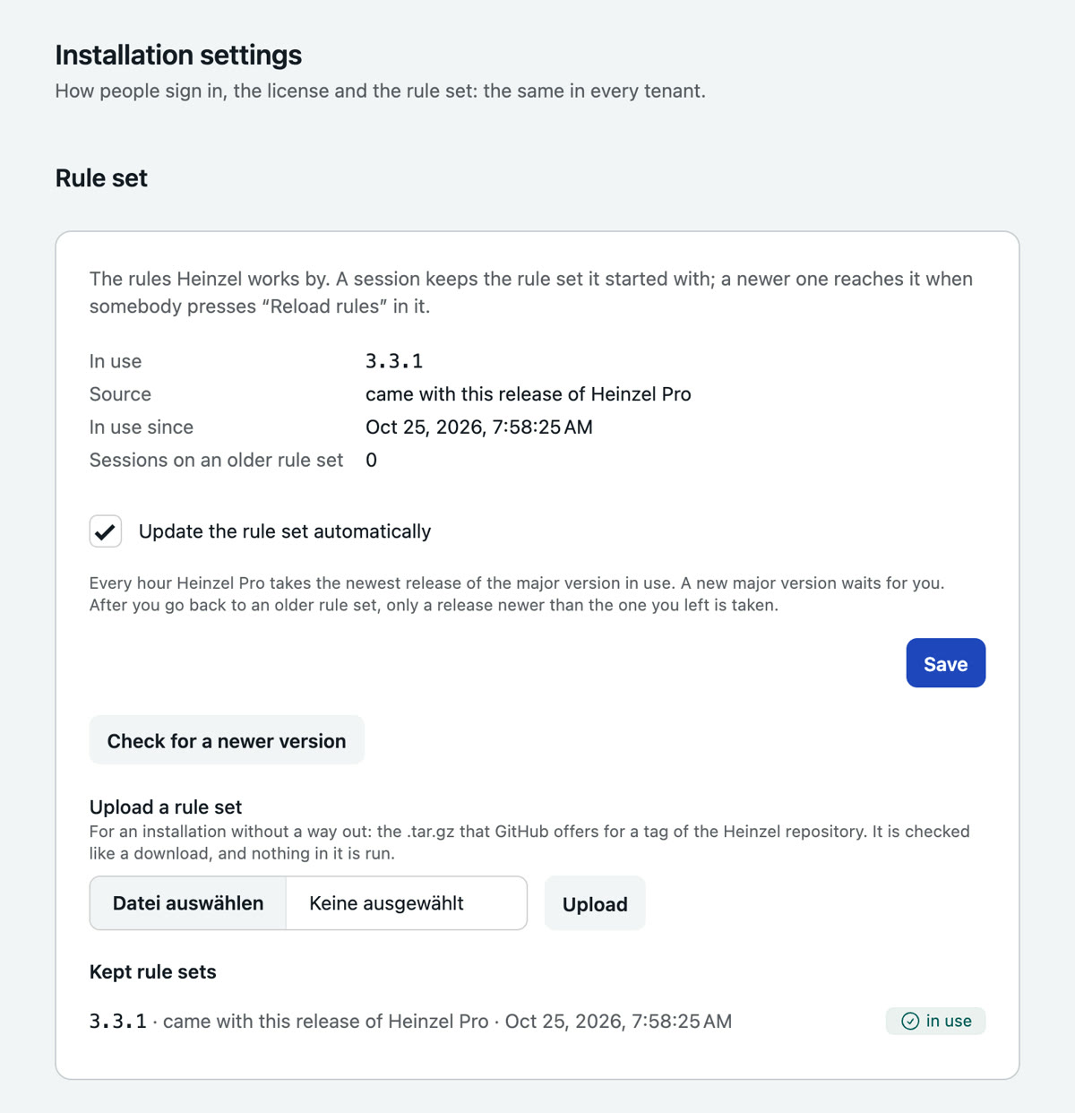 Installation, Settings, Rule set: the version in use, where it came from, since when, how many sessions read an older rule set, the box for automatic updates, a button to look for a newer version, the upload of an archive and the list of kept rule sets