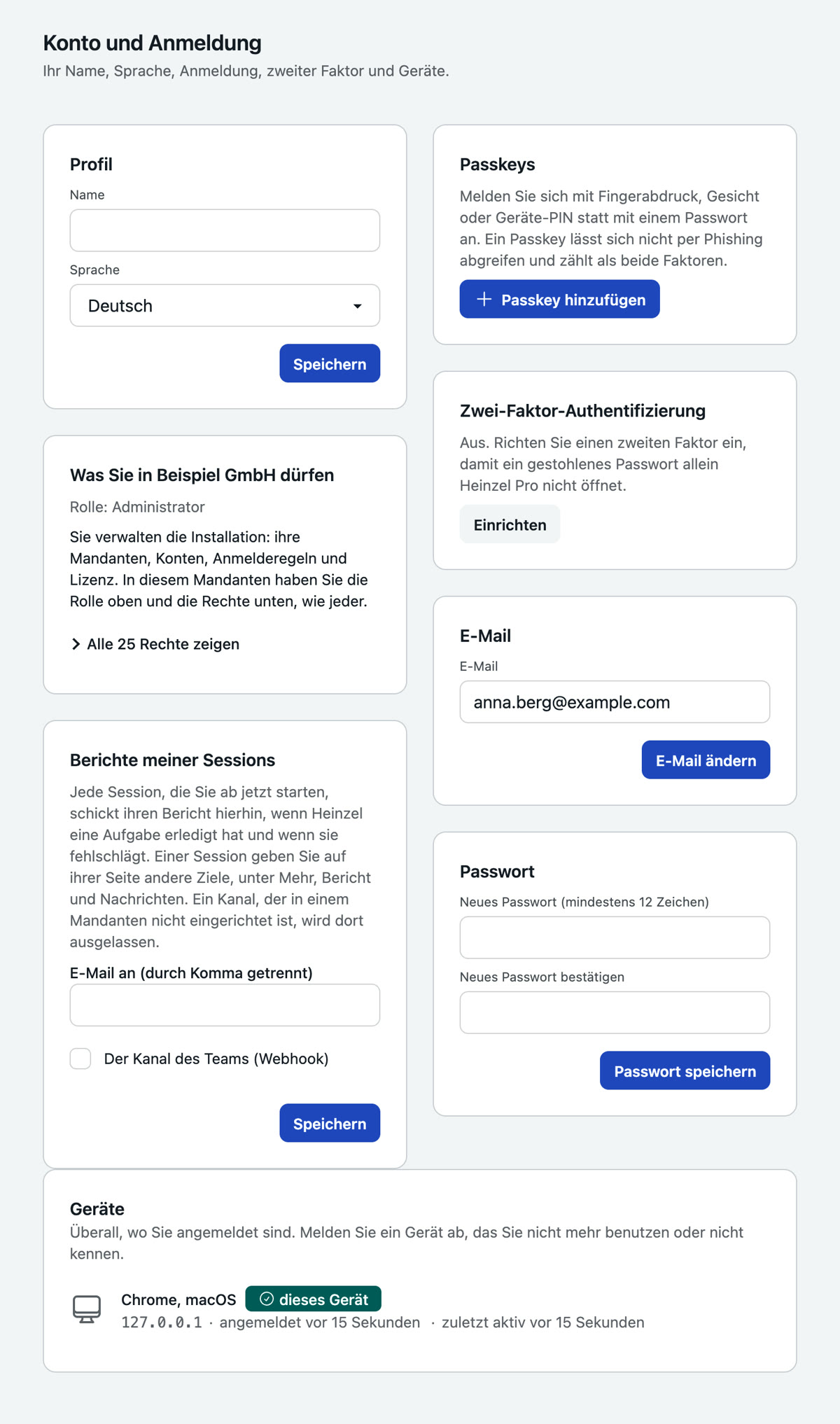 Die Seite Konto und Anmeldung: Profil mit Name und Sprache, die eigenen Rechte, Berichte meiner Sessions, Passkeys, Zwei-Faktor-Authentifizierung, E-Mail, Passwort und die Liste der angemeldeten Geräte