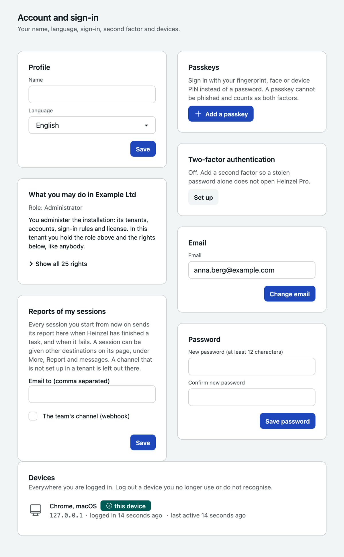 The page Account and sign-in: profile with name and language, your own rights, reports of my sessions, passkeys, two-factor authentication, email, password and the list of signed-in devices