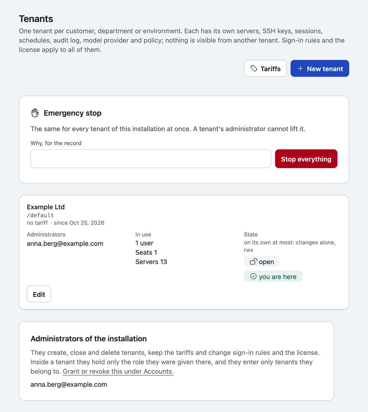 Installation, Tenants: the emergency stop for all tenants, the tenant Example Ltd with administrators, users, seats, servers, its ceiling and its state, and the list of the installation's administrators