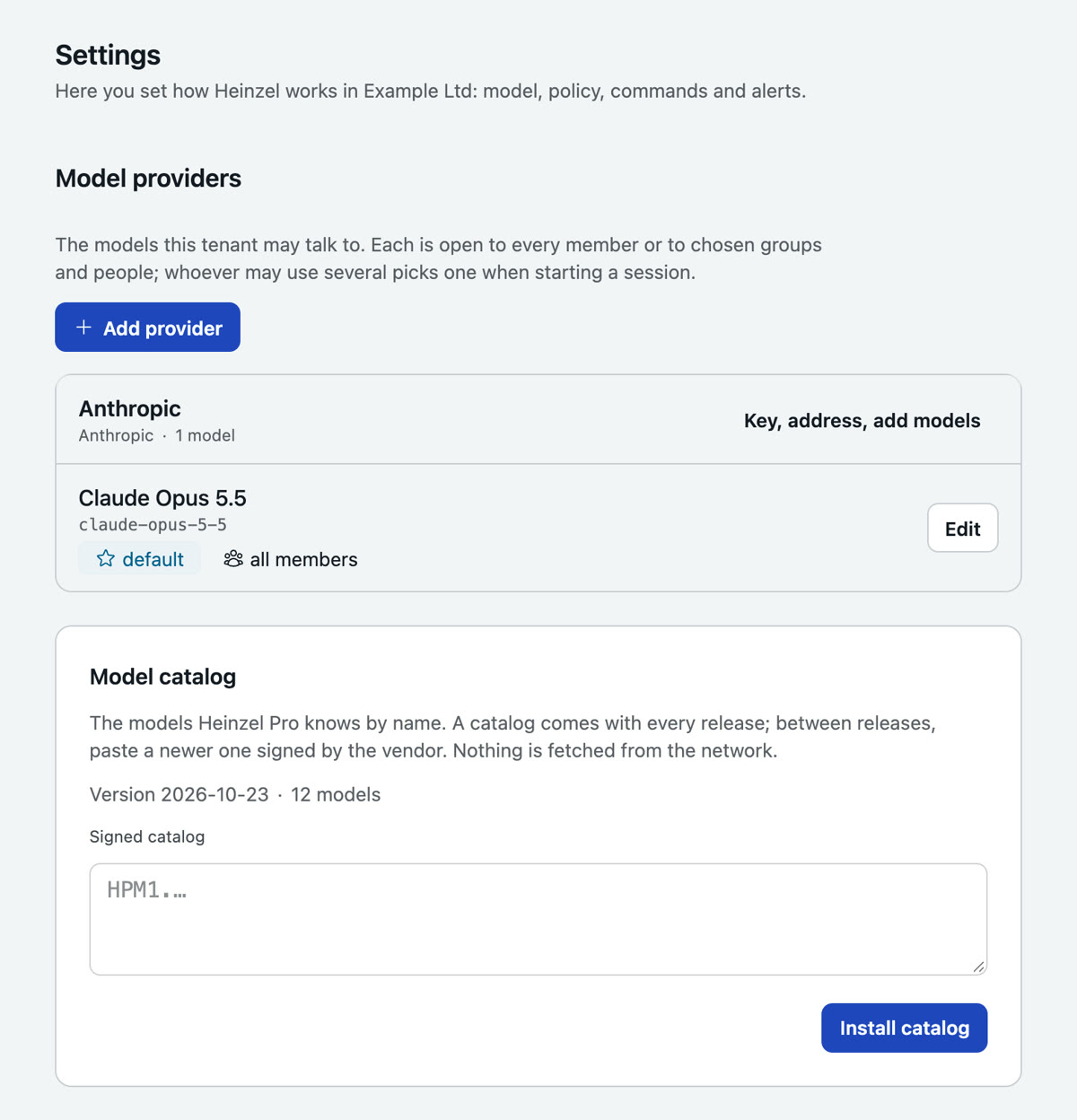 Settings, Model providers: the provider Anthropic with the model Claude Opus 5.5 as default for all members, below it the model catalog with its version and a field for a newer signed catalog