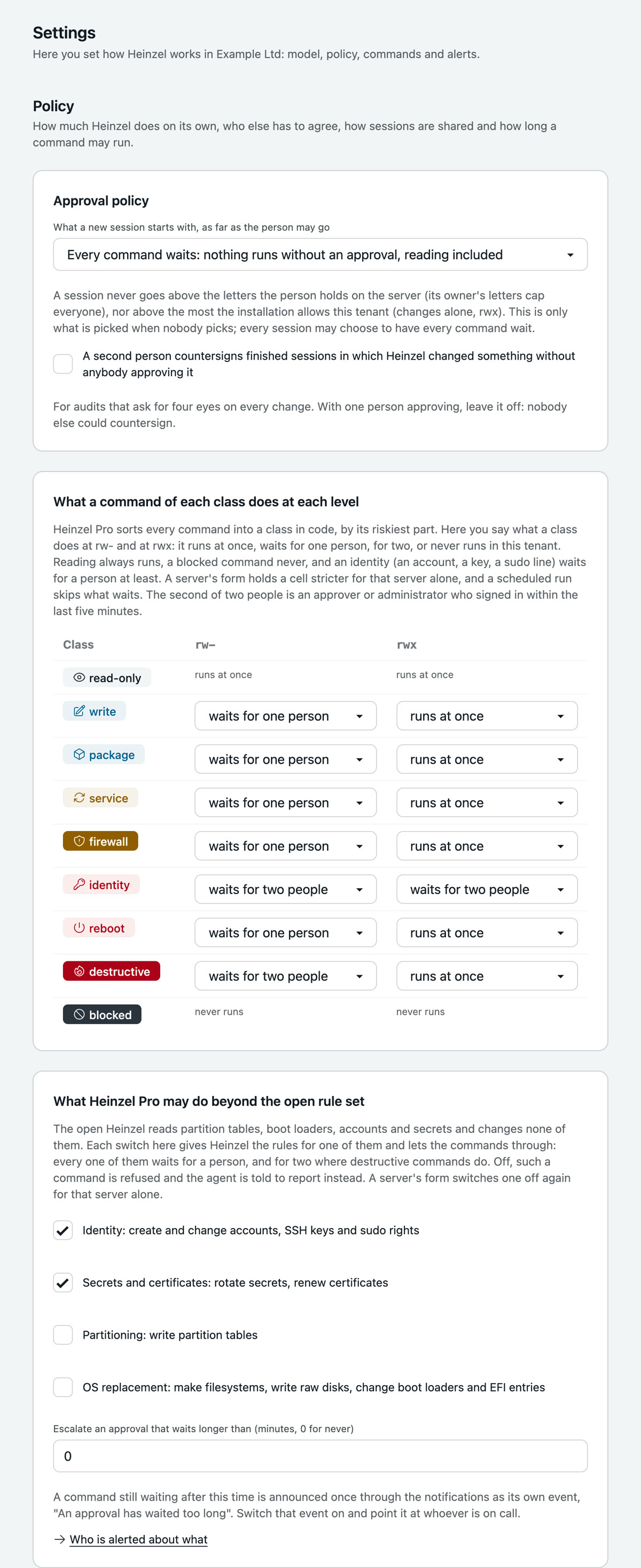Settings, Policy: the approval rules with the level a new session starts with and countersigning, below them the matrix with one row per class and one column per level, then the four capabilities identity, secrets and certificates, partitioning and OS replacement