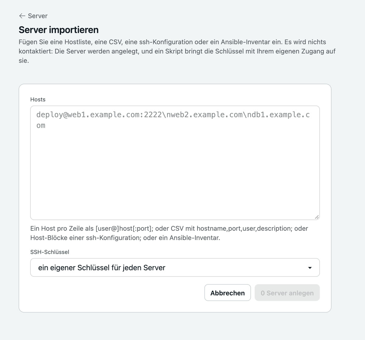 Das Formular Server importieren: ein Textfeld für Hosts mit dem Beispiel deploy@web1.example.com:2222, die Erklärung der vier Formate und die Wahl zwischen einem eigenen Schlüssel für jeden Server und einem gemeinsamen
