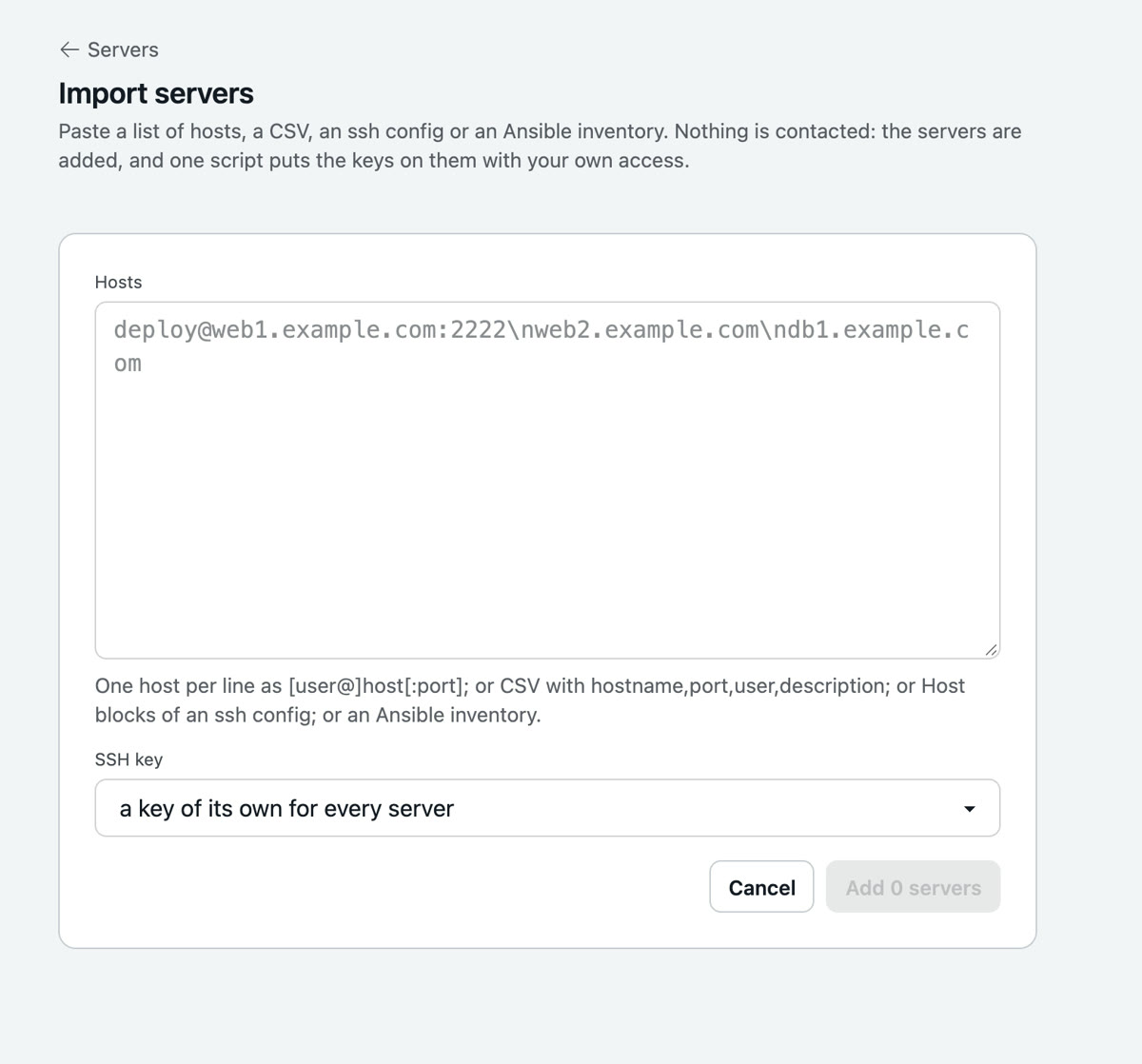 The form Import servers: a text field for hosts with the example deploy@web1.example.com:2222, the explanation of the four formats and the choice between a key of its own for every server and a shared one