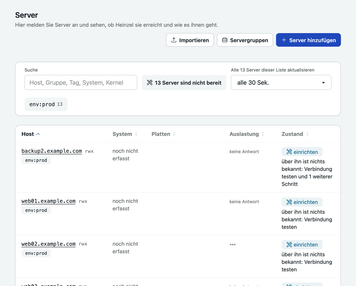 Die Serverliste: Suche, der Filter 13 Server sind nicht bereit, der Takt der Aktualisierung, und eine Tabelle mit Host, System, Platten, Auslastung und Zustand je Server