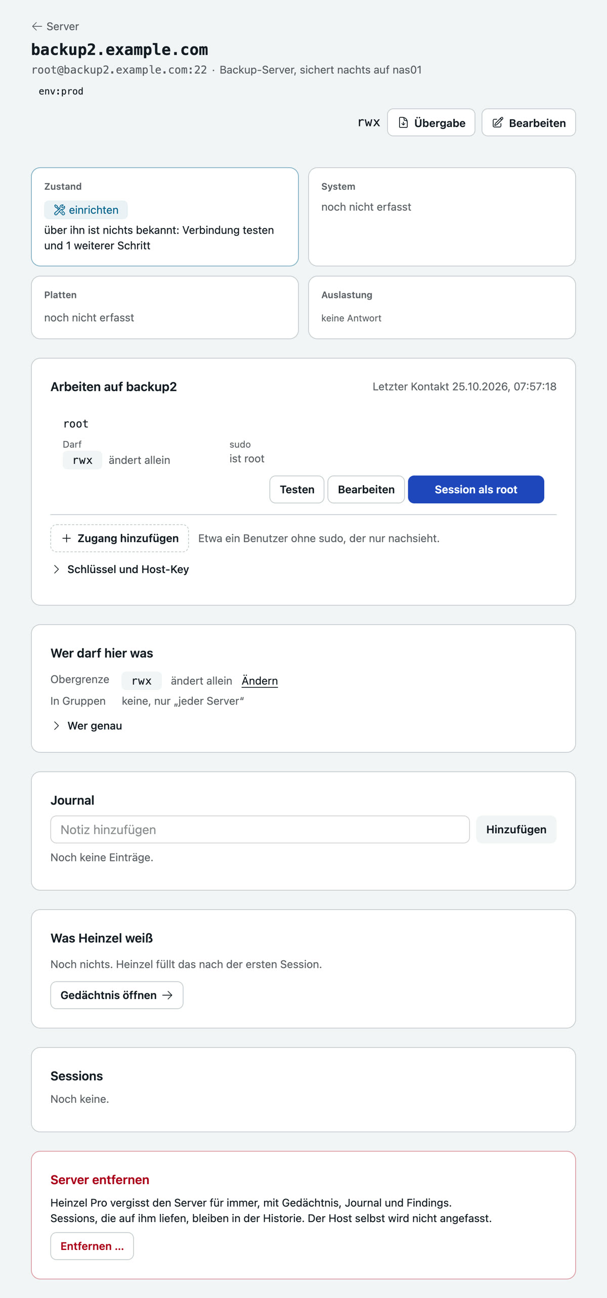 Die Seite des Servers backup2.example.com: Zustand einrichten, System und Platten noch nicht erfasst, der Zugang root mit rwx und den Knöpfen Testen, Bearbeiten und Session als root, darunter Schlüssel und Host-Key, Wer darf hier was, Journal, Was Heinzel weiß, Sessions und Server entfernen