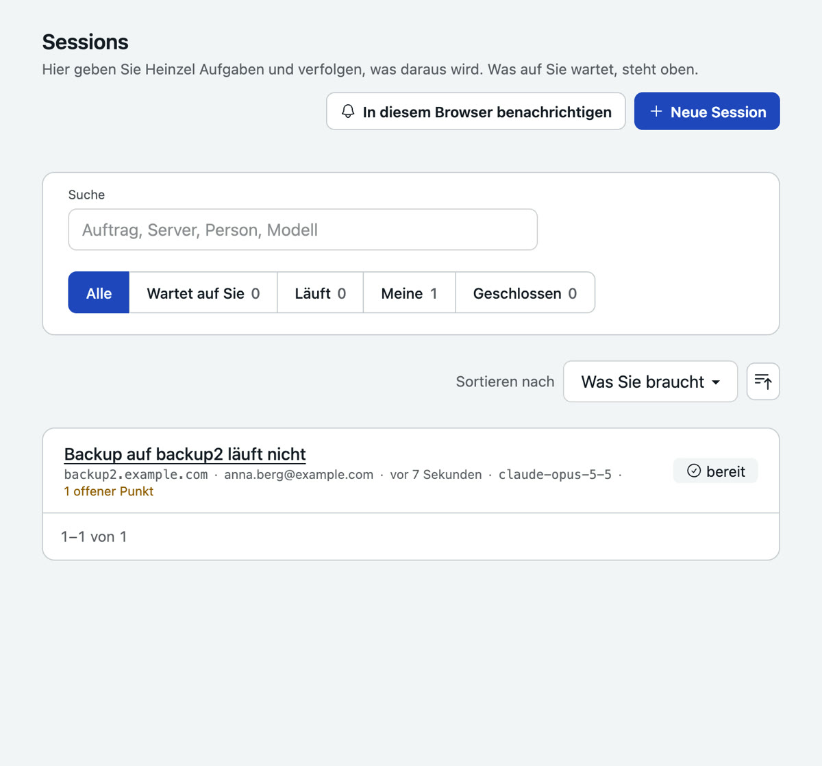 Die Liste der Sessions mit Suche, den Filtern Alle, Wartet auf Sie, Läuft, Meine und Geschlossen, und einer Session mit Server, Person, Zeit, Modell und dem Zustand bereit