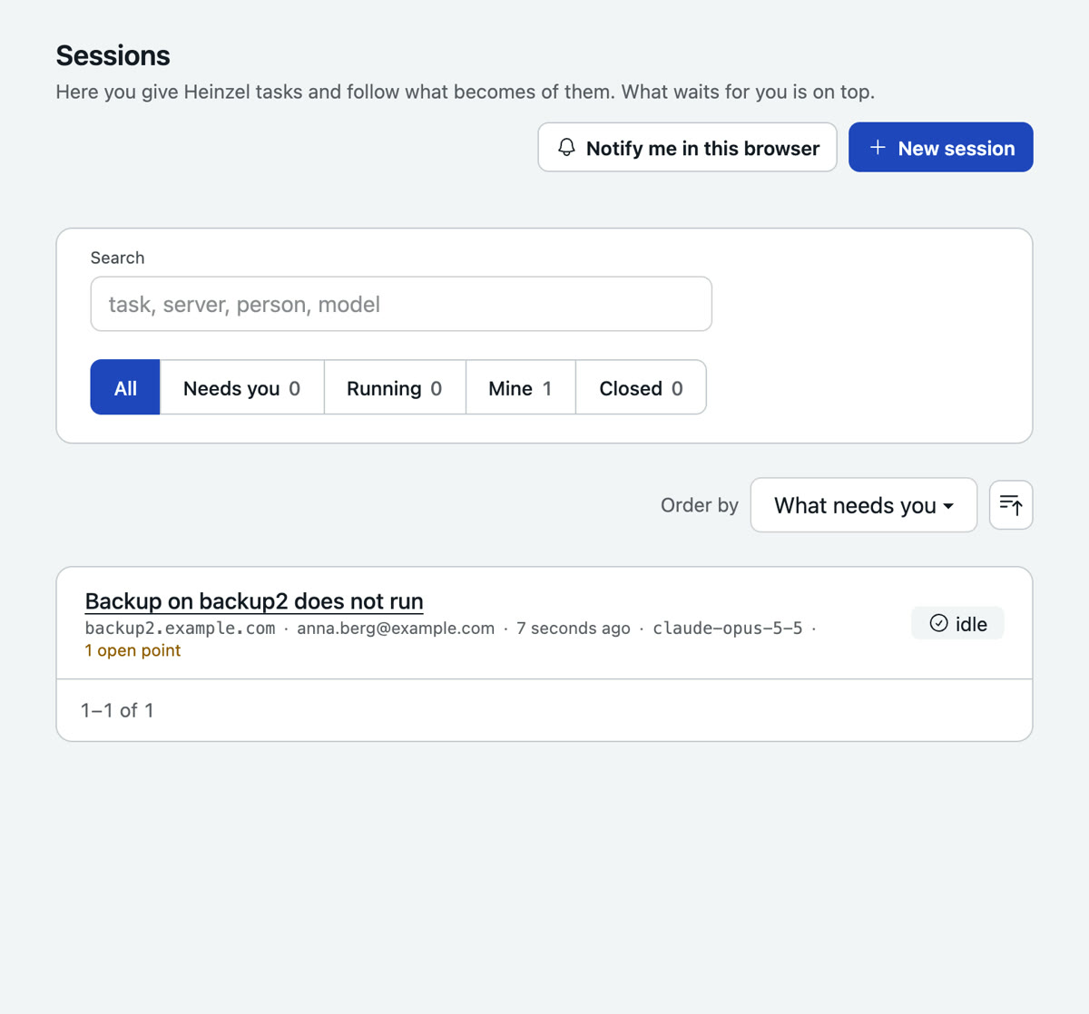 The list of sessions with search, the filters All, Waiting for you, Running, Mine and Closed, and one session with server, person, time, model and the state ready