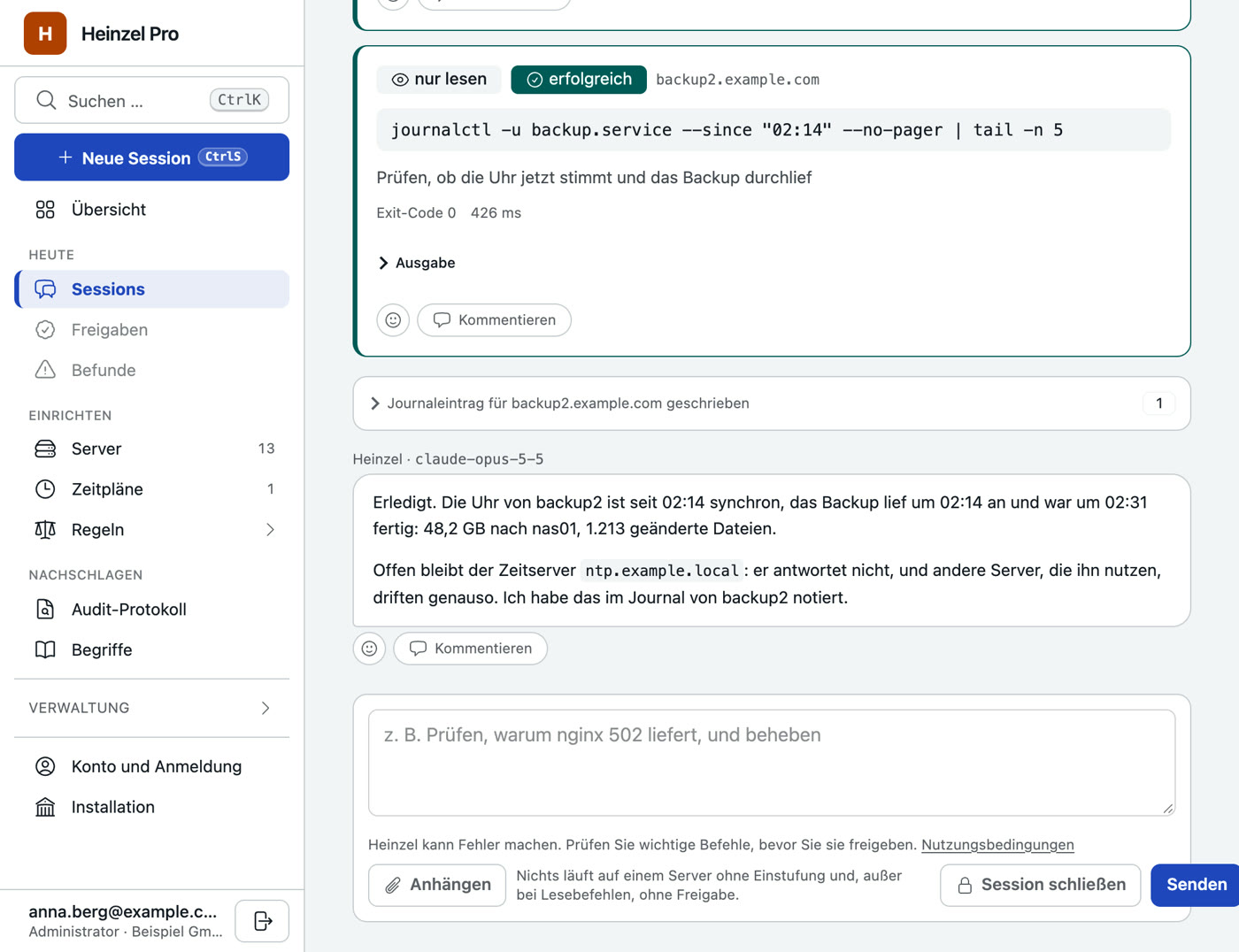 Das Ende einer Session: ein prüfender Lesebefehl mit Exit-Code und Dauer, der Hinweis, dass ein Journaleintrag für den Server geschrieben wurde, die Abschlussmeldung von Heinzel und das Eingabefeld für die nächste Nachricht