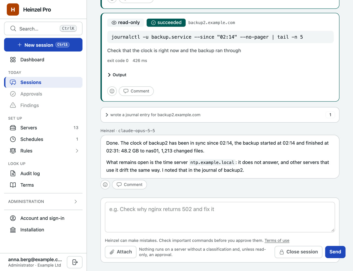 The end of a session: a checking read command with exit code and duration, the note that a journal entry was written for the server, Heinzel's closing message and the field for the next message