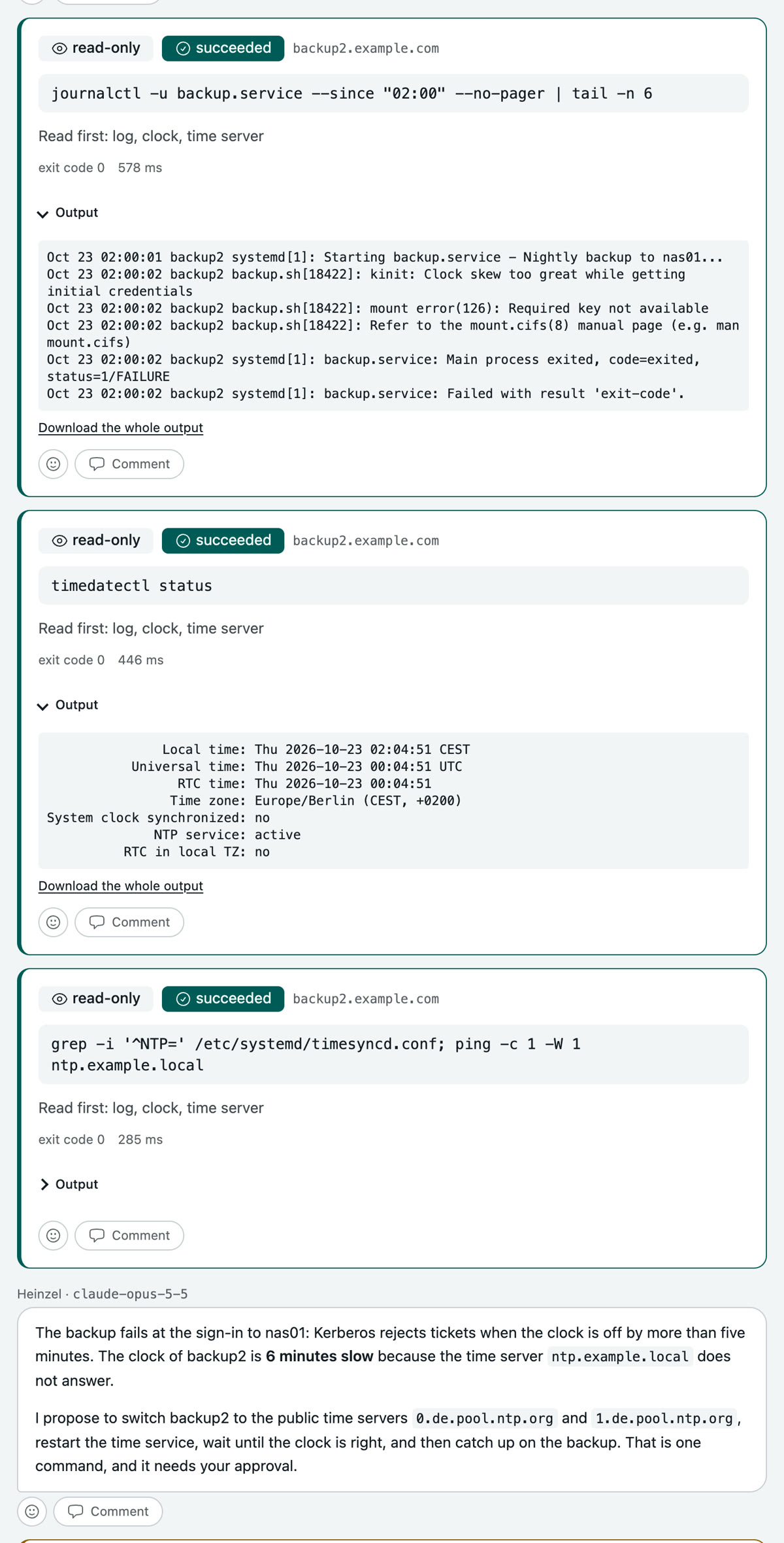 The session: three reading commands with their output, the backup's log, the clock and the time server, below them Heinzel Pro's answer with the cause