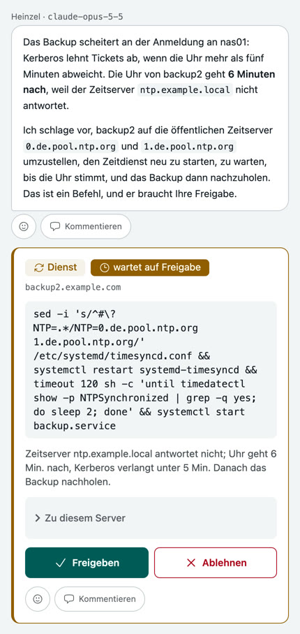 Die Session auf dem Handy: die Antwort von Heinzel Pro, darunter die Karte des vorgeschlagenen Befehls mit Einstufung, Begründung und den Knöpfen Freigeben und Ablehnen