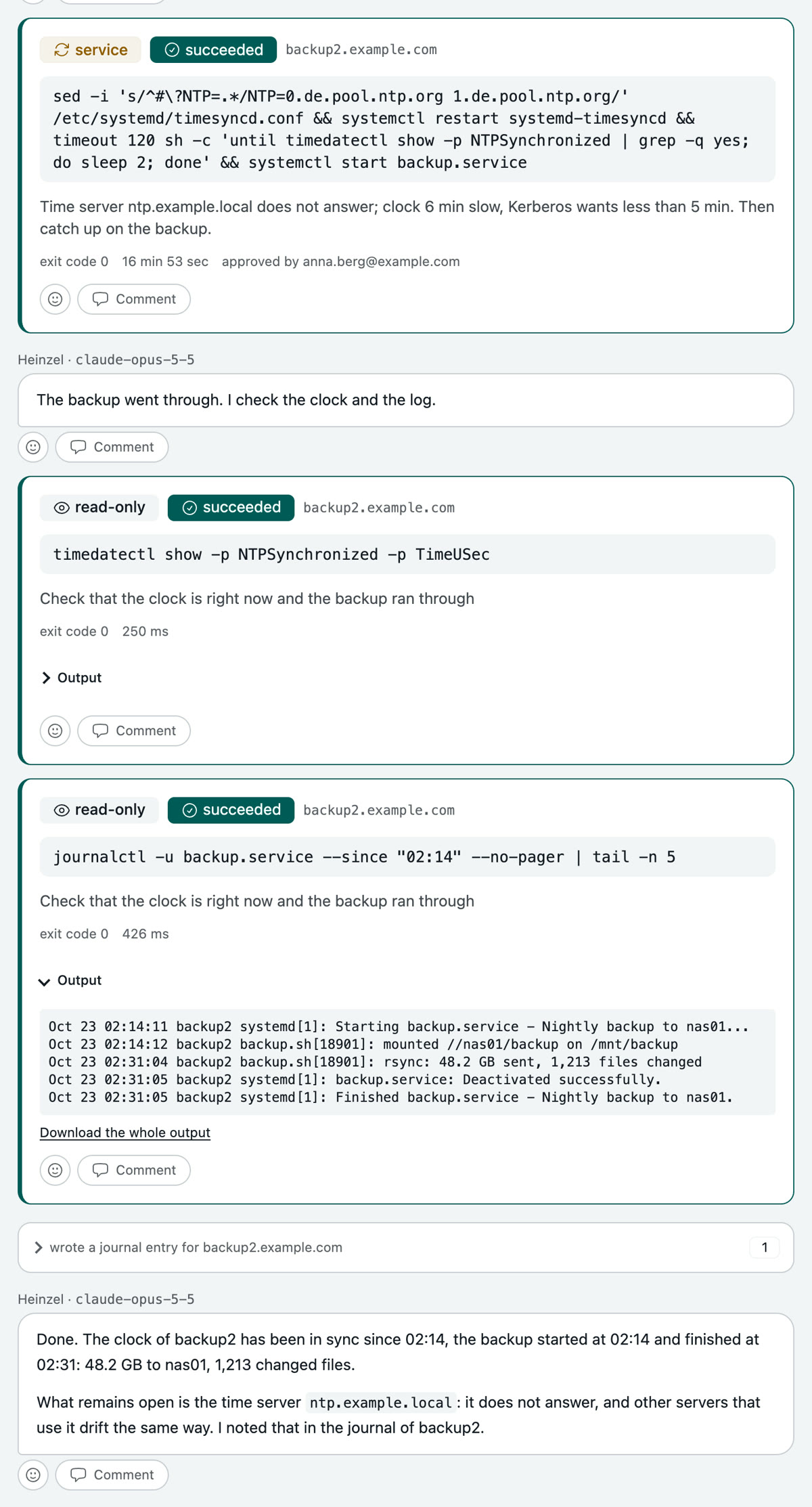 The session afterwards: the approved command with duration and output, two checking commands, the journal entry for backup2 and Heinzel Pro's closing message