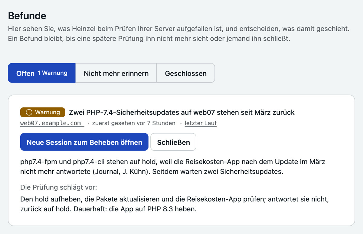 Die Seite Befunde in Heinzel Pro: ein offener Befund zu web07 mit Schweregrad, Beschreibung und dem Knopf „Neue Session zum Beheben öffnen“