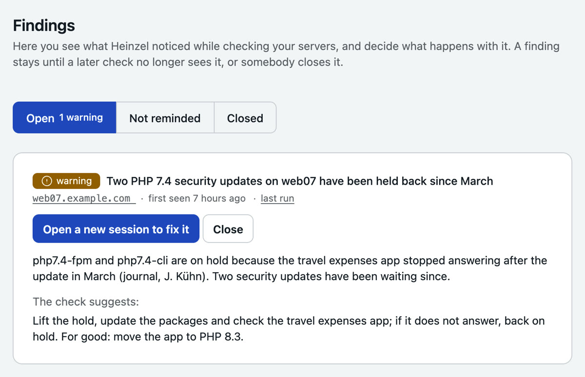 The findings page in Heinzel Pro: one open finding about web07 with severity, description and the button "Open a new session to fix it"