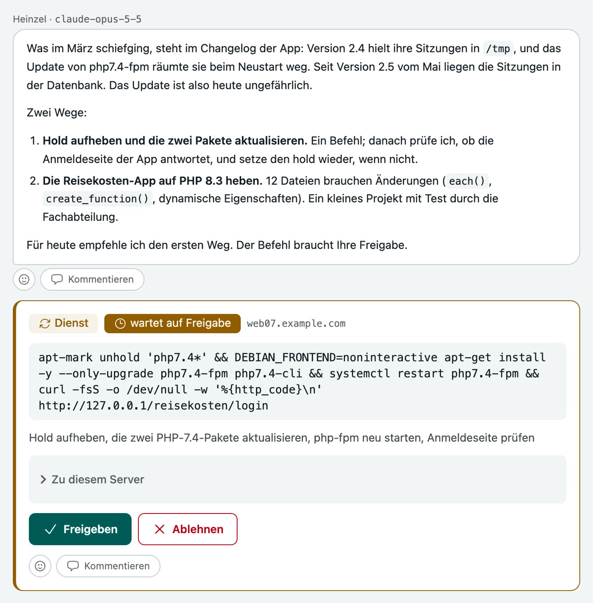 Die Session: die Antwort von Heinzel Pro mit dem Grund des Ausfalls im März und zwei Wegen, darunter die Karte des wartenden Befehls mit Freigeben und Ablehnen