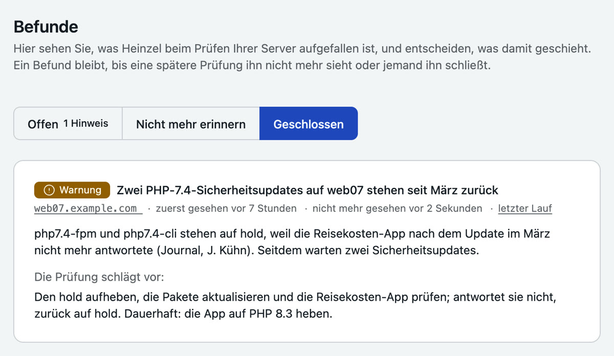 Die Seite Befunde, Ansicht Geschlossen: der Befund zu web07 ist durch die Session erledigt, mit Verweis auf den letzten Lauf