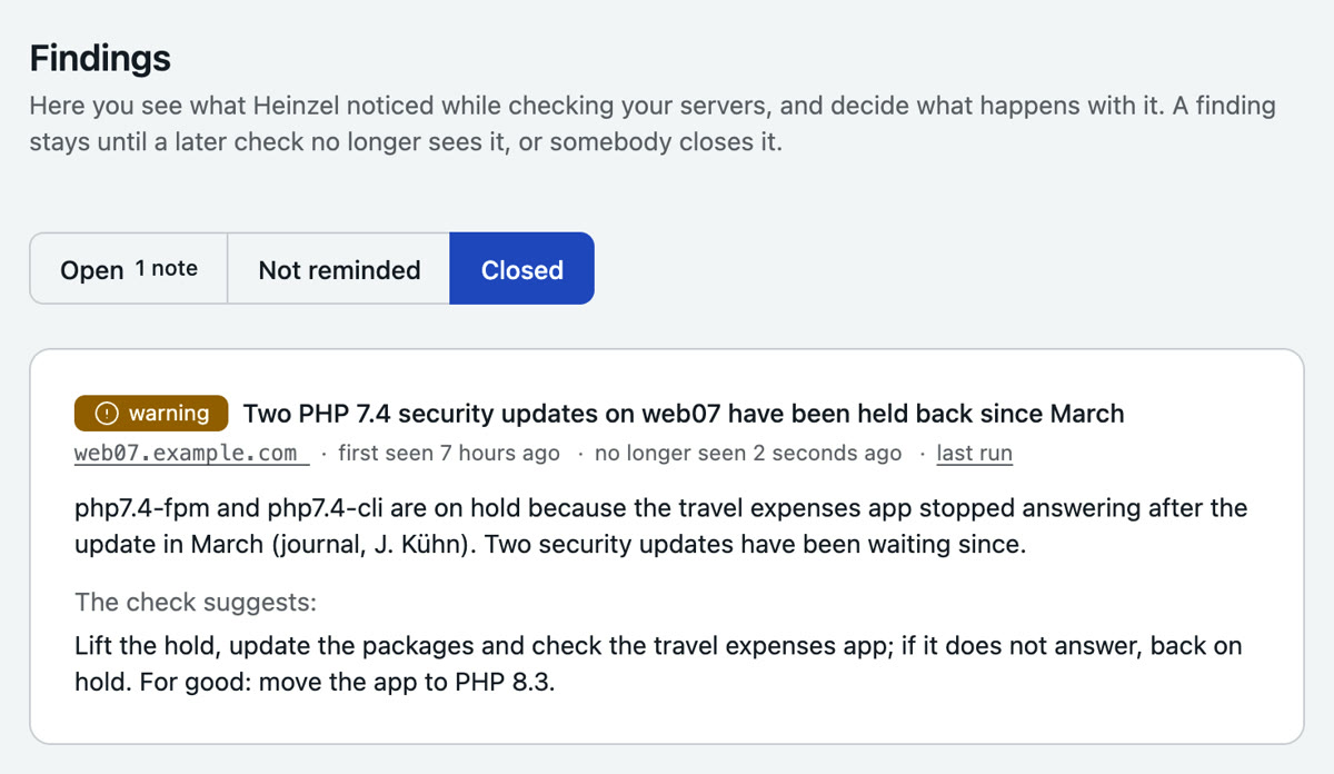 The findings page, view Closed: the finding about web07 is settled by the session, with a link to the last run