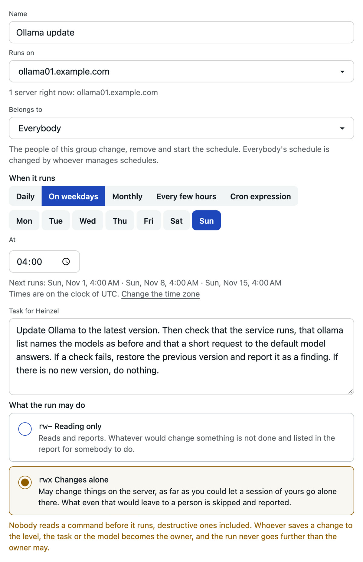 The form for a new schedule: name Ollama update, the single server ollama01, weekly on Sunday at 04:00, the task in your own words and the level "Changes alone"