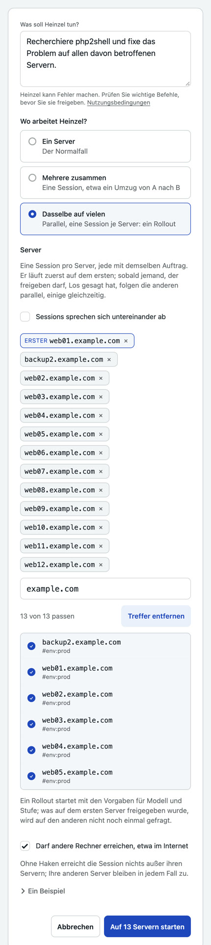 Eine neue Session in Heinzel Pro auf dem Handy: der eingetippte Satz zu php2shell, die Wahl „Dasselbe auf vielen“ und die 13 gewählten Server, web01 als erster