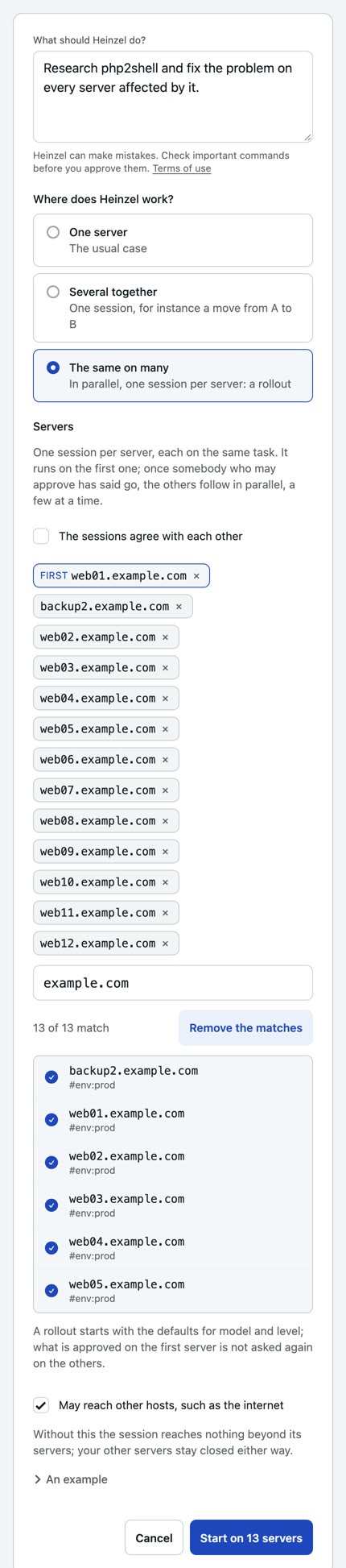 A new session in Heinzel Pro on a phone: the typed sentence about php2shell, the choice "The same on many" and the 13 servers chosen, web01 as the first
