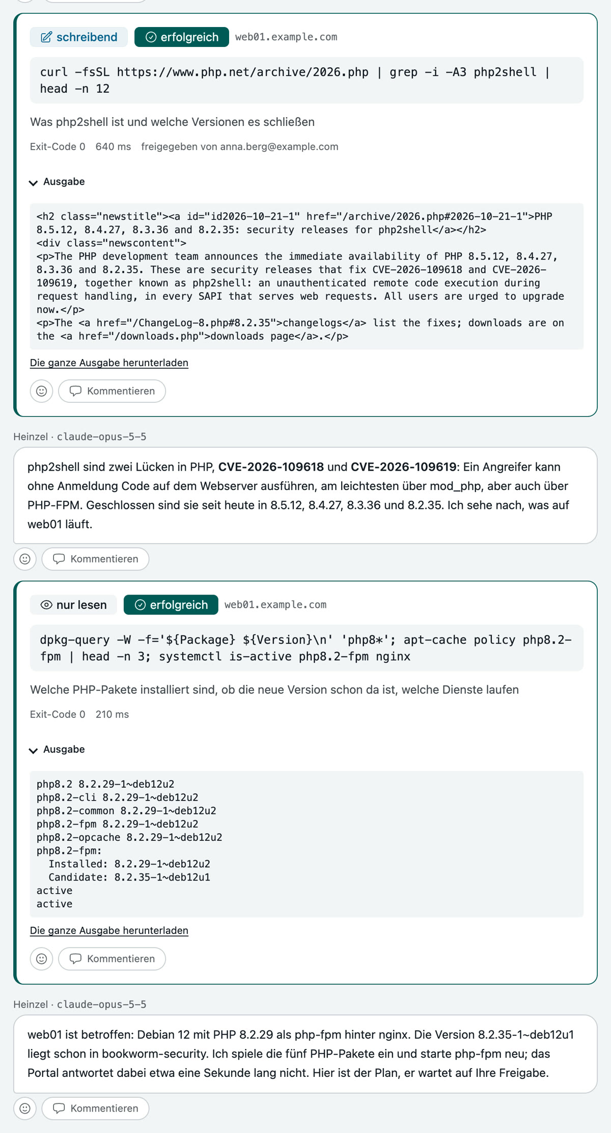 Die Session auf web01: der Abruf der Meldung von php.net mit der Einstufung „schreibend“ und seiner Ausgabe, die Antwort von Heinzel Pro zu den zwei Lücken, der lesende Befehl mit den PHP-Paketen und der Befund, dass web01 betroffen ist