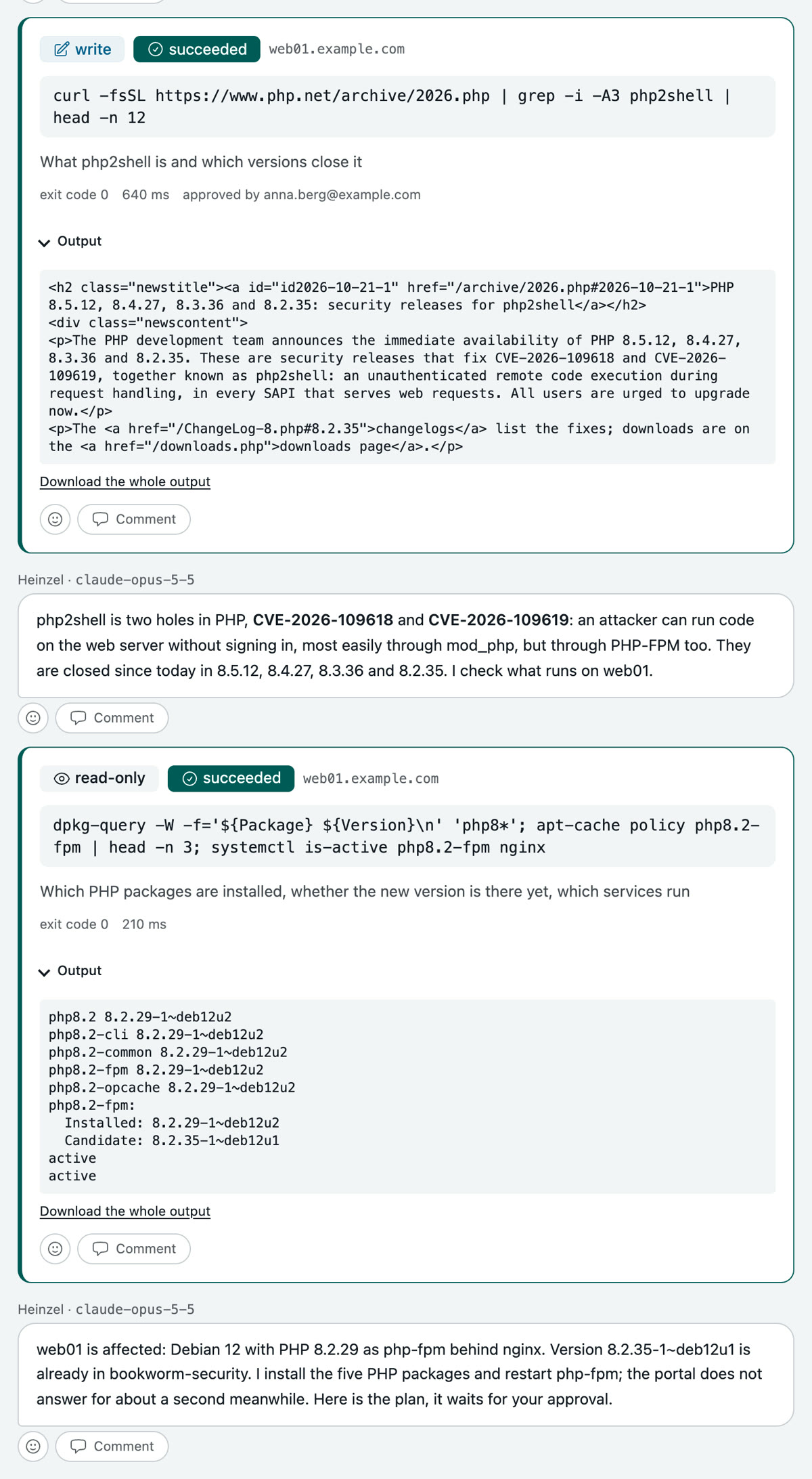 The session on web01: the fetch of the announcement from php.net with the classification "write" and its output, Heinzel Pro's answer on the two holes, the reading command with the PHP packages, and the finding that web01 is affected