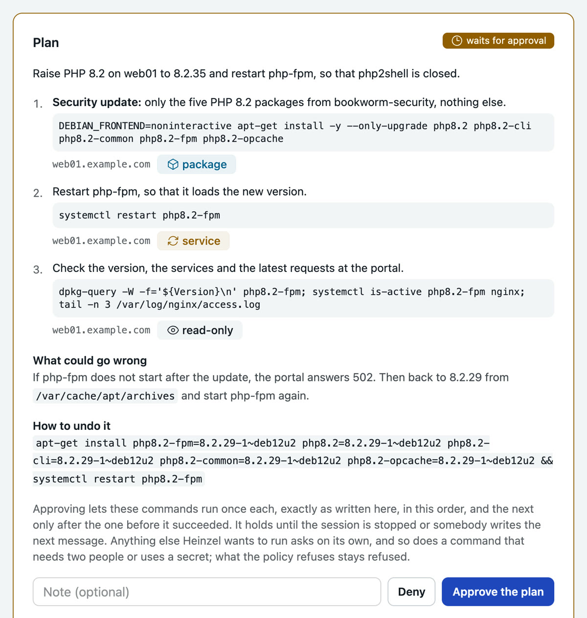 The plan in the session: three steps with command, server and classification, package, service and read-only, below them what could go wrong, how to undo it, and the button "Approve the plan"