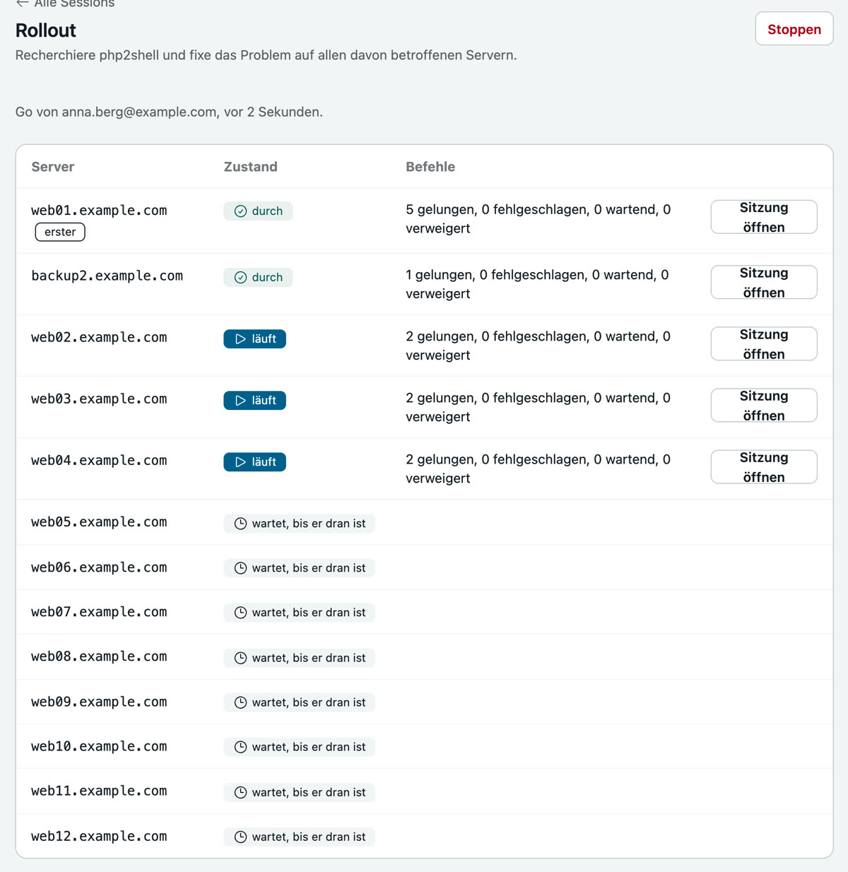 Die Seite des Rollouts: die Aufgabe, das Los von Anna Berg, darunter die Tabelle der 13 Server mit ihrem Stand, web01 und backup2 durch, drei laufen, die übrigen warten