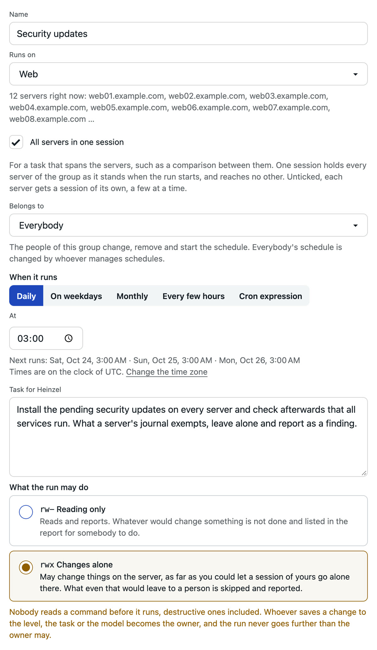 The form for a new schedule: name, the server group Web with twelve servers, daily at 03:00, the task in your own words and the level "Changes alone"