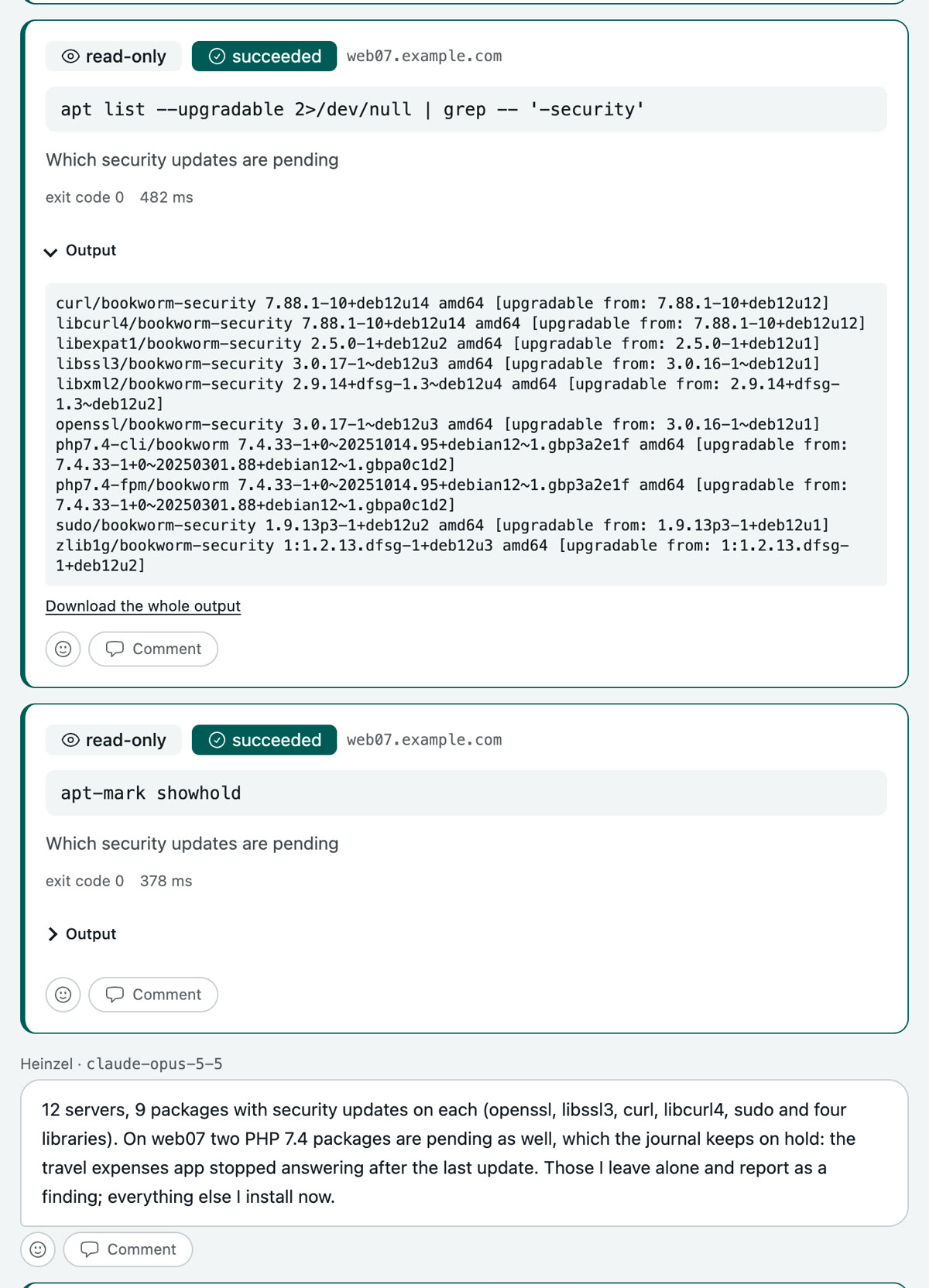 The schedule's session: the reading command on web07 with the list of pending packages, the two PHP 7.4 packages among them, the query of held packages and Heinzel Pro's answer to it