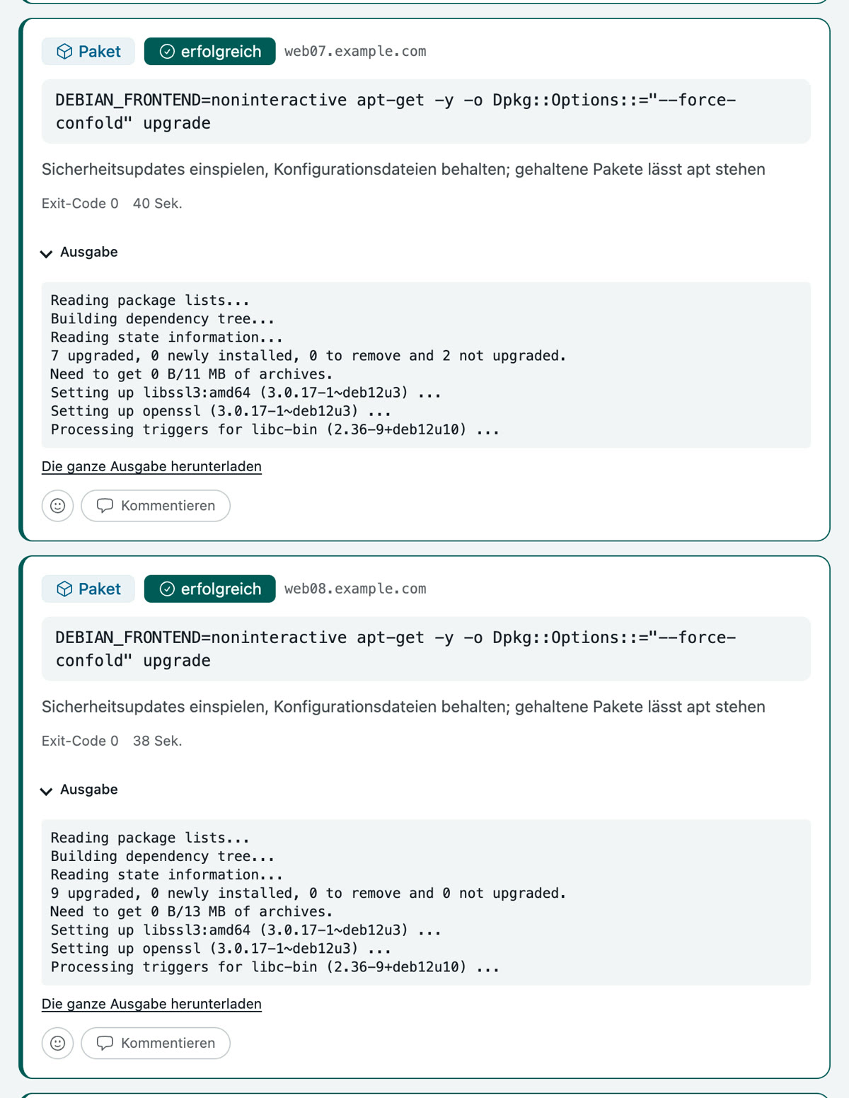 Die Session weiter unten: der Update-Befehl auf web07, dessen Ausgabe zwei Pakete zurückhält, und derselbe Befehl auf web08 mit allen neun Paketen