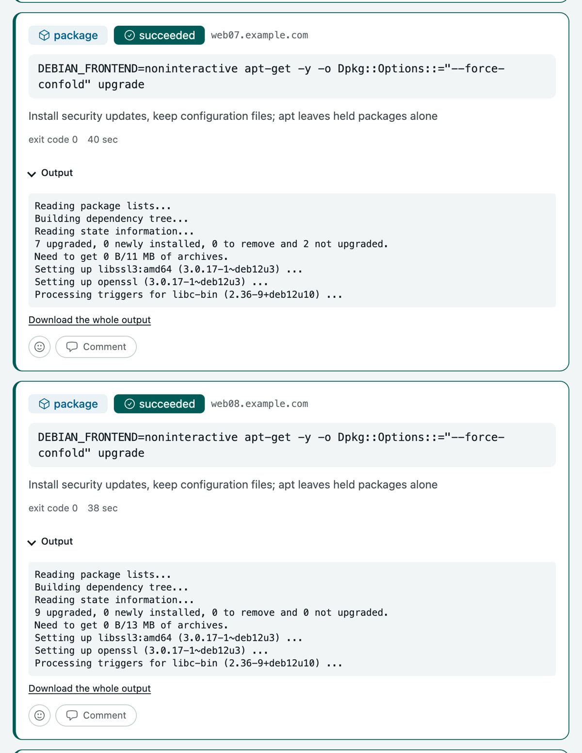 The session further down: the update command on web07, whose output holds back two packages, and the same command on web08 with all nine packages