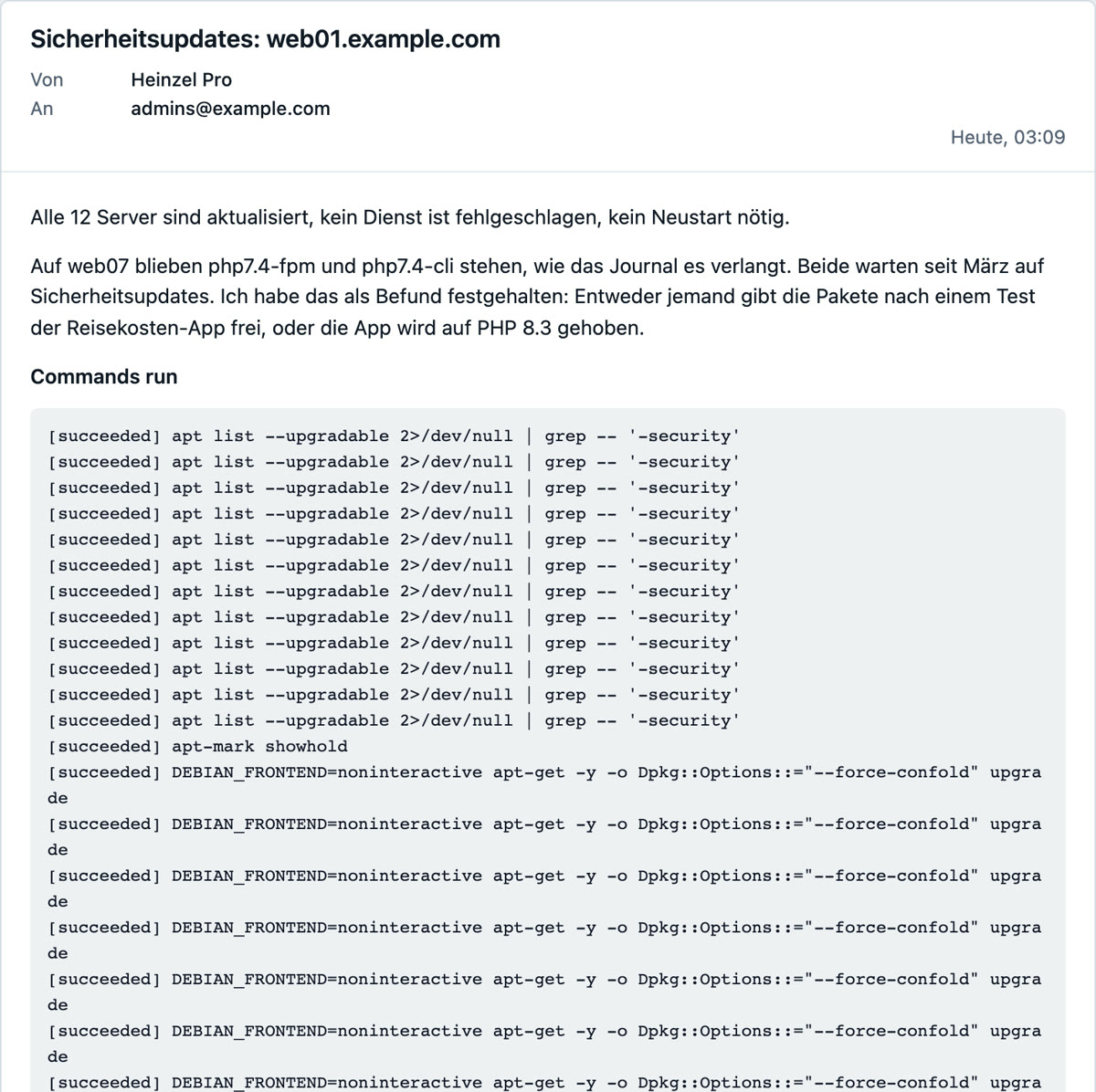 Die Mail des Zeitplans: Betreff, Absender und Empfänger, darunter der Bericht von Heinzel Pro mit der Zusammenfassung und der Liste der gelaufenen Befehle